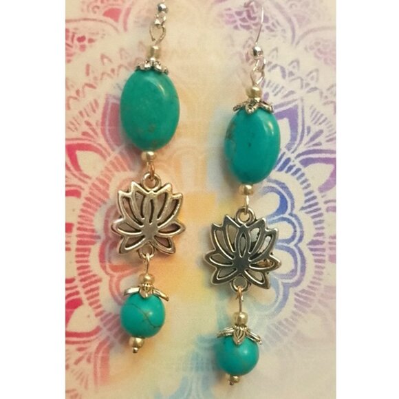 LOTUS MEDITATION EARRINGS, TURQUOISE MAGNESITE, SILVERY - Picture 1 of 7